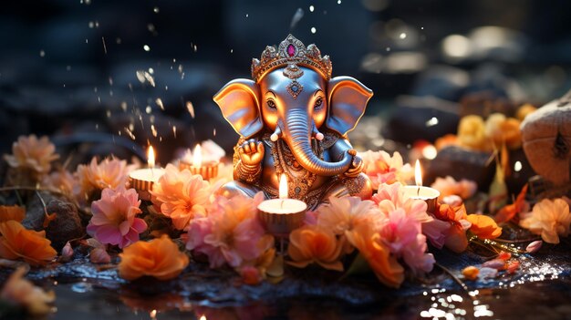 Photo couleur de l'eau diwali ganesha diwali lampe à huile sur fond de fleur