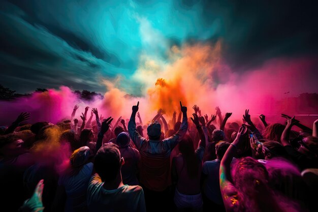 Couleur Holi Festival Gens Lancer Poudre Vue Arrière Generative AI