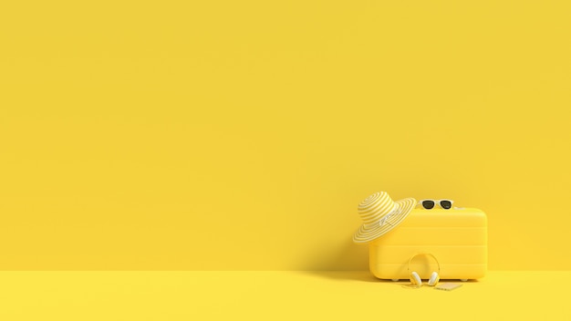 couleur jaune de valise avec des lunettes de soleil avec le concept d&#39;été de chapeau