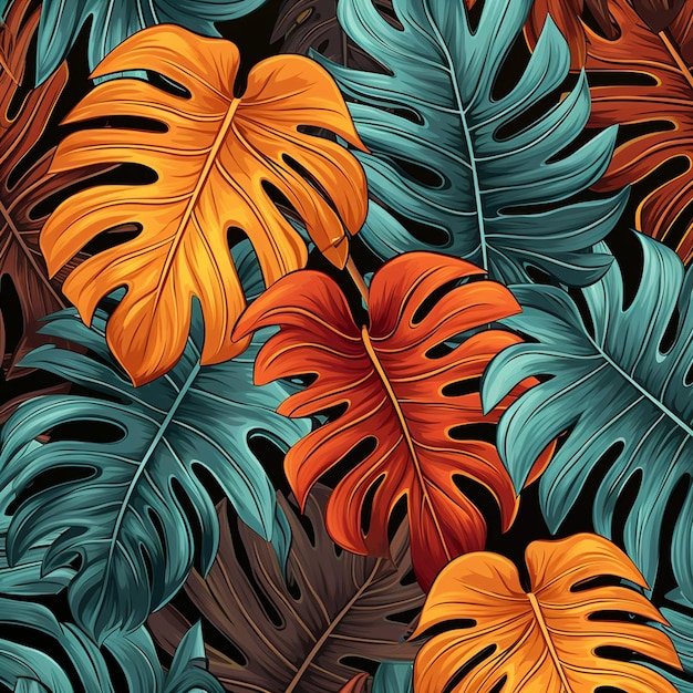 Couleur monstera tropicale et feuilles de palmier motif sans couture