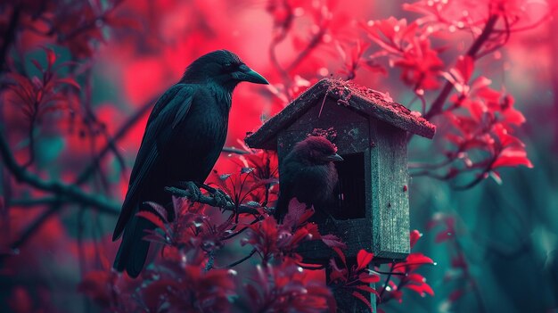 Photo couleur néon mère oiseau noir et un oiseau bébé assis sur une maison d'oiseaux ai image générée