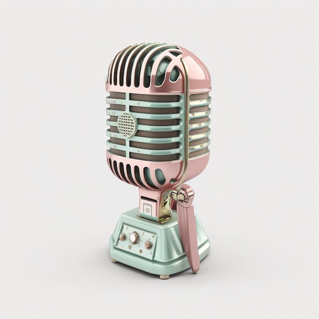 Une couleur pastel de microphone vintage est sur un support devant un fond blanc