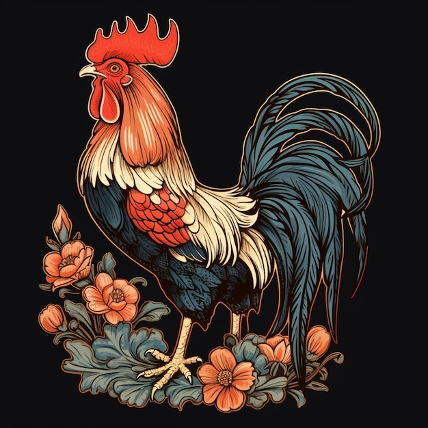 Couleur de poulet de coq vintage isolée image de fond noire Ai générée par l'art