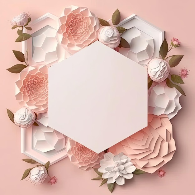 Couleur romantique dans les roses pastel du cadre de forme hexagonale avec concept de feuilles