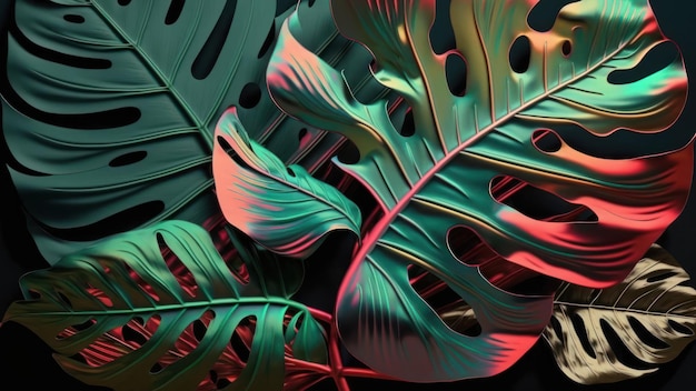 Couleur de ton métallique audacieux de monstera tropical et fond de feuille de palmier