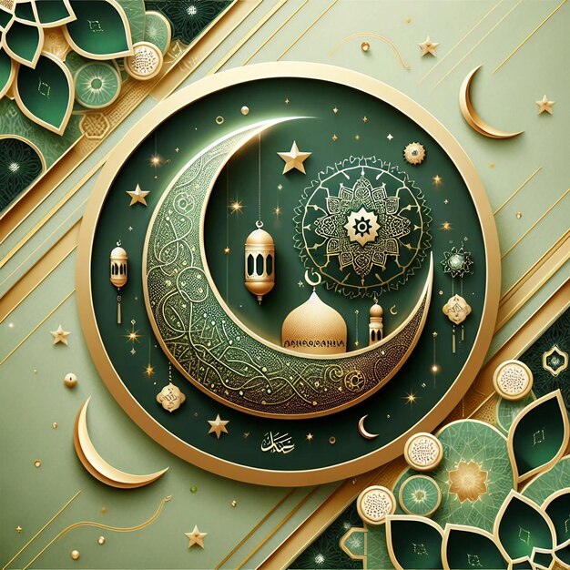 Couleur vert et or eid mubarak avec un concept de fond supérieur en or de mosquée Ai génératif