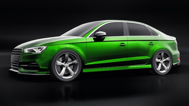 Couleur de voiture de sport super rapide vert métallisé sur fond noir Berline en forme de carrosserie Tuning est une version d'une voiture familiale ordinaire rendu 3d