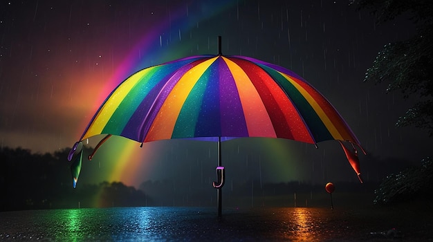 Les couleurs de l'arc-en-ciel illuminent la nuit noire avec un parapluie