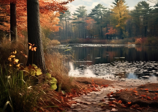 Photo couleurs d'automne entourant un étang serein