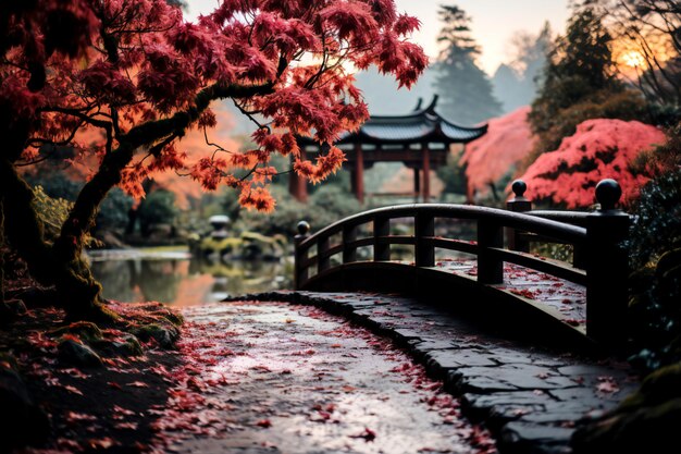 Photo les couleurs de l'automne près du pont de la lune dans le jardin japonais un matin brumeux génératif ai