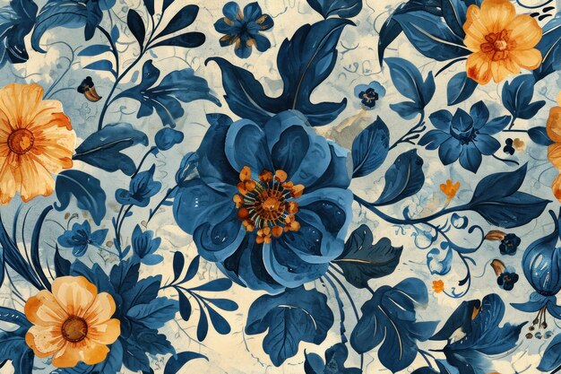 Photo des couleurs bleues et orange élégantes, un motif floral sur un fond clair.