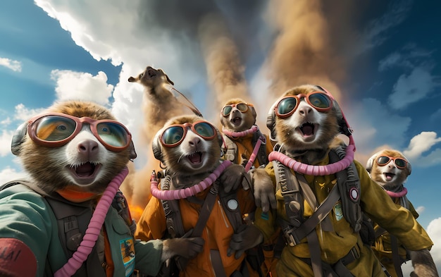 Couleurs dans le ciel Les suricates bipèdes s'envolent avec des parachutes et des traînées de fumée arc-en-ciel