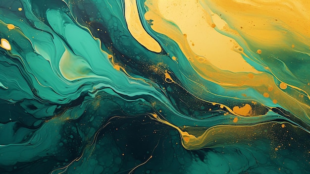 Couleurs débordantes d'or et de vert émeraude Image en acrylique liquide qui coule et éclabousse