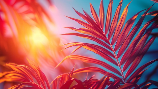 Photo des couleurs holographiques brillantes et audacieuses avec des feuilles tropicales et de palmiers art conceptuel surréalisme minimal