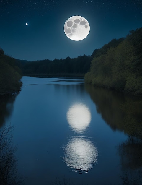 Photo les couleurs roses la pleine lune et l'étoile dans le ciel sont et la rivière