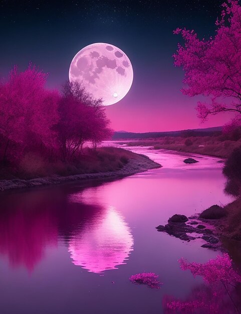 Les couleurs roses La pleine lune et l'étoile dans le ciel sont et la rivière