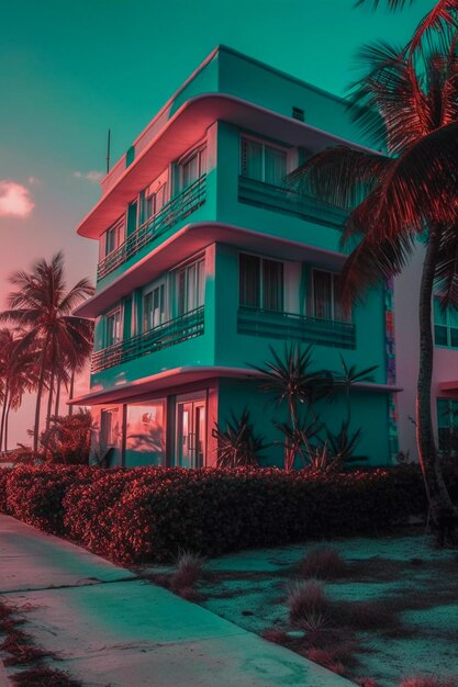 Couleurs vaporwave de l'appartement du Miami Building générées par l'IA