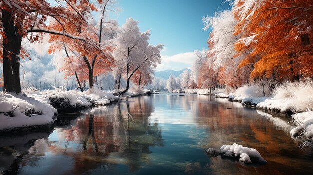 Photo les couleurs vives des arbres d'automne laissent couverts de neige le reflet de l'eau tranquille