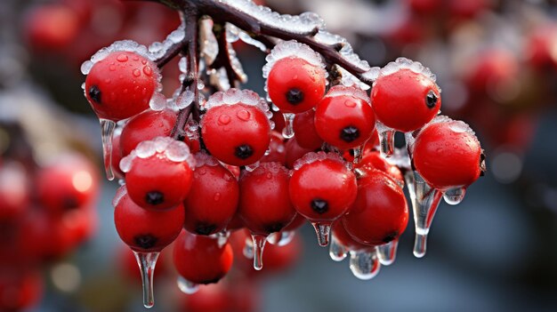 Les couleurs vives des baies gelées sur le fond enneigé vif Les baies gelées apparaissent comme des bijoux de la nature ajoutant une explosion de couleur au paysage hivernal serein et monochrome