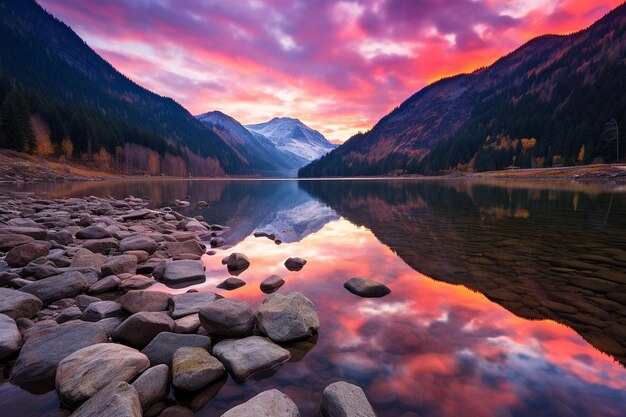 Les couleurs vives du coucher de soleil se reflètent dans le lac