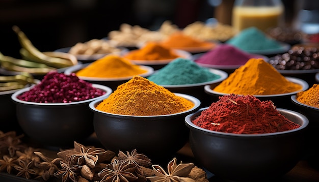 Les couleurs vives des épices indiennes créent un bol de curry multicolore généré par l'IA