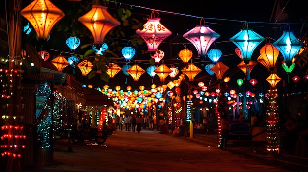 Les couleurs vives des lanternes créent une atmosphère festive dans le marché nocturne Les lanternes sont de différentes formes et tailles