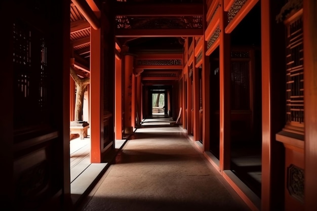 Couloir avec arche rouge en bois de Torii au monastère ai génératif