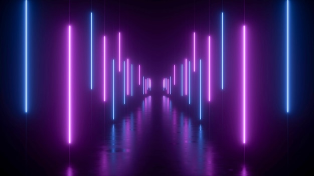 Couloir au néon avec des lignes bleues et violettes en perspective rendu 3D