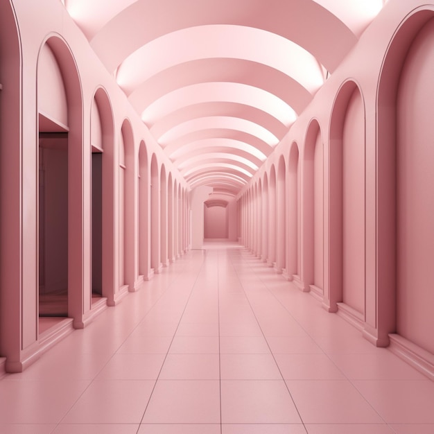 Un couloir aux murs roses et un panneau qui dit " le mot " dessus.
