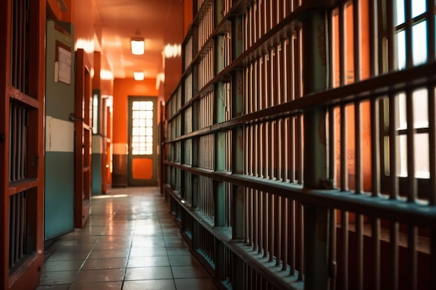 Un couloir avec des barreaux et une porte qui dit prison dessus.