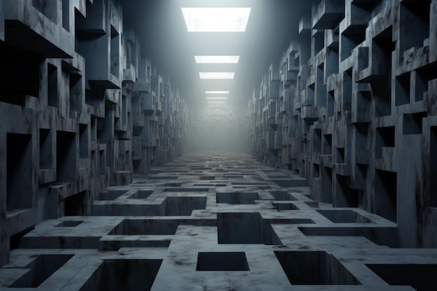 Couloir en béton effrayant comme un labyrinthe structure effrayante avec des murs étranges comme labyrinthe Pièce surréaliste avec des pièges comme dans un film d'horreur Concept de quête puzzle énigme inconnue et mystère IA générative