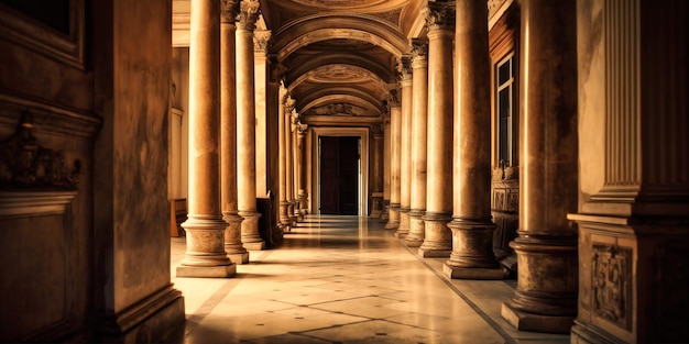 Un couloir bordé de colonnes antiques en marbre