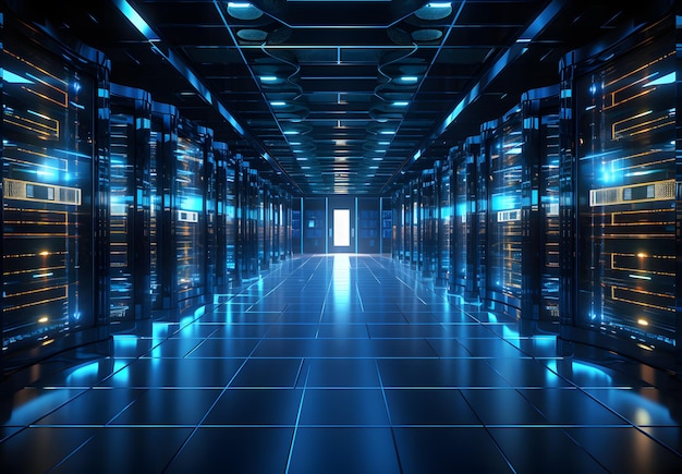 Couloir du centre de données de la salle des serveurs avec des lumières rougeoyantes bleues