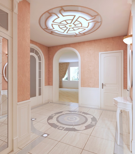 Couloir du hall de style classique aux couleurs pastel roses. rendu 3D.