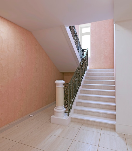 Couloir du hall de style classique aux couleurs pastel roses. rendu 3D.