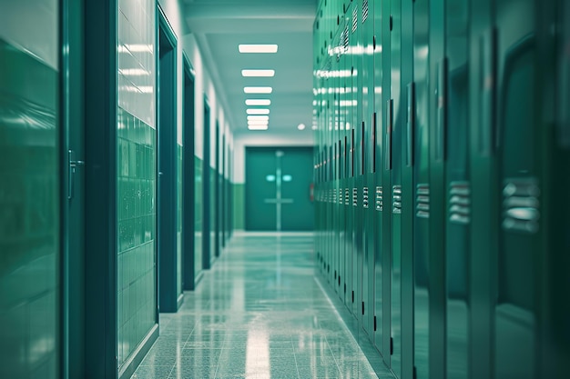 couloir de l'école avec des casiers verts sombres