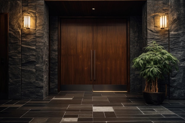 Un couloir à l'entrée principale avec une porte en bois et des carreaux sombres en pierre naturelle