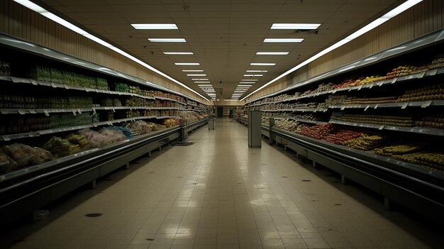 un couloir d'épicerie avec un panneau qui dit plus