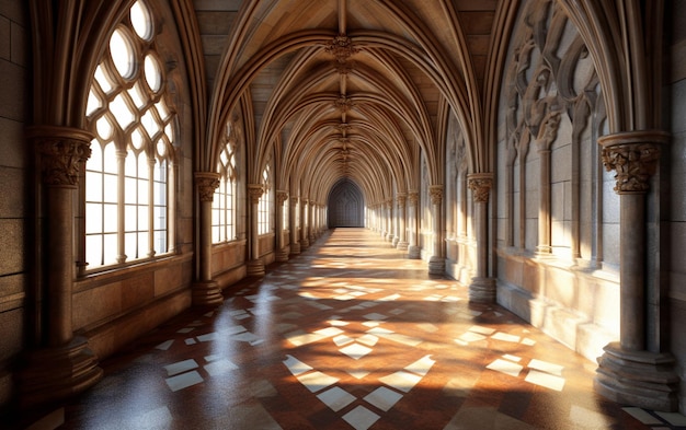 Un couloir avec une grande fenêtre et un sol en pierre