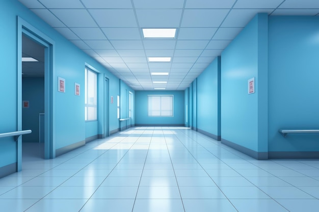 Couloir d'hôpital bleu avec des murs bleus et un sol carrelé rendu 3D Couloir d'hôpital moderne vide arrière-plan Intérieur du couloir de la clinique AI généré