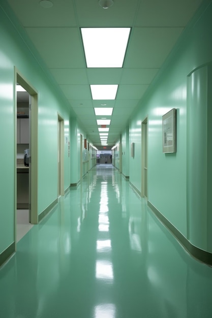 Couloir de l'hôpital avec un éclairage lumineux et des sols propres créés avec une IA générative