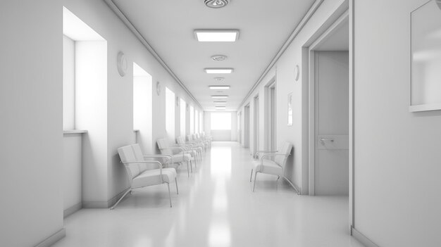 Photo couloir de l'hôpital avec des fenêtres et des chaises blanches dans le style de bokeh gris clair bauhaus blanc clair habile image ia générative weber