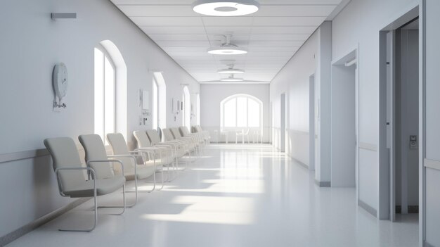Couloir de l'hôpital avec des fenêtres et des chaises blanches dans le style de bokeh gris clair bauhaus blanc clair habile image IA générative weber