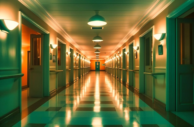 Un couloir à l'hôpital avec des lumières allumées