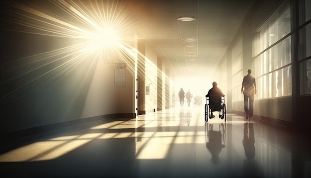 Couloir de l'hôpital médical avec personnel médical et patients en mouvement flou effet de lumière du soleil