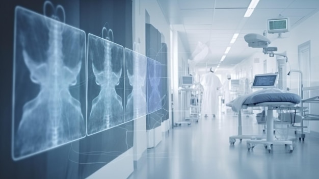 Un couloir d'hôpital avec un patient en blouse blanche et un fond bleu avec une ligne d'os.