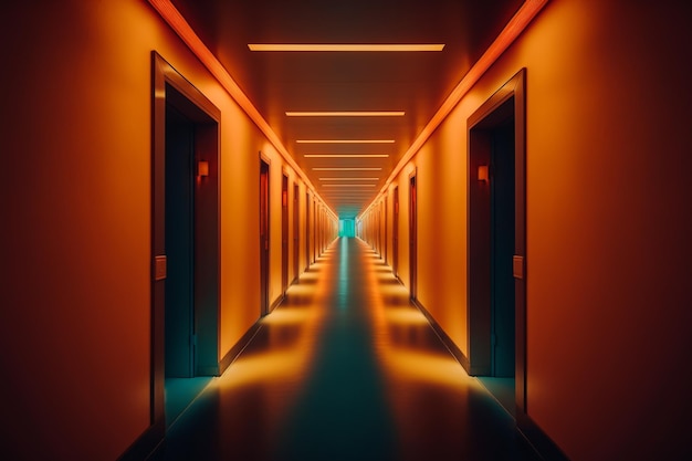 Couloir d'hôtel vide orange illuminé Generative AI