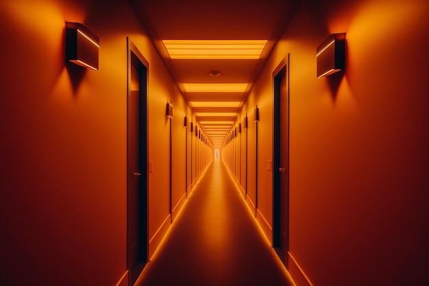 Couloir d'hôtel vide orange illuminé Generative AI