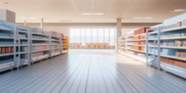 Photo couloir intérieur d'une épicerie de supermarché avec des produits abstraits à fond flou