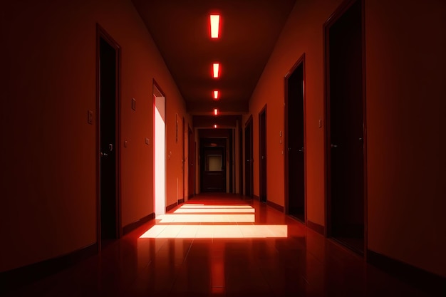 un couloir avec des lumières au plafond et un fond de sol rouge